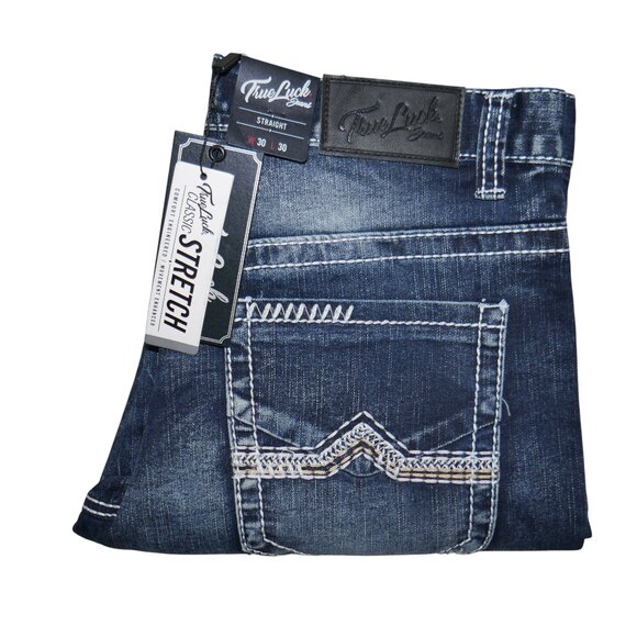 True Luck Men's Dark Wash Jeans Actual Size 34x30 Tag 30x30 (Runs Big) NWT BKE - Picture 2 of 10